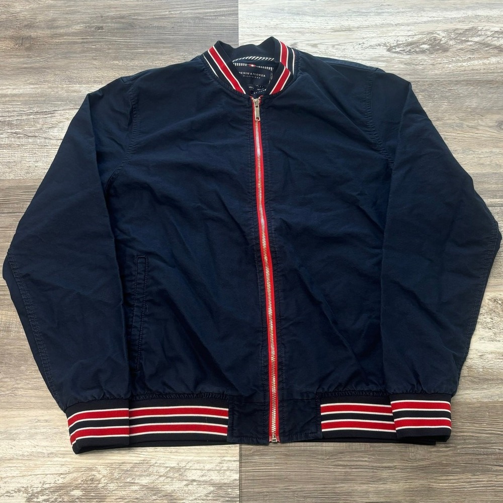 Denim & Flower Ricky Singh Navy Blue Red Mens Large Zip Up Bomber Jacket Varsity